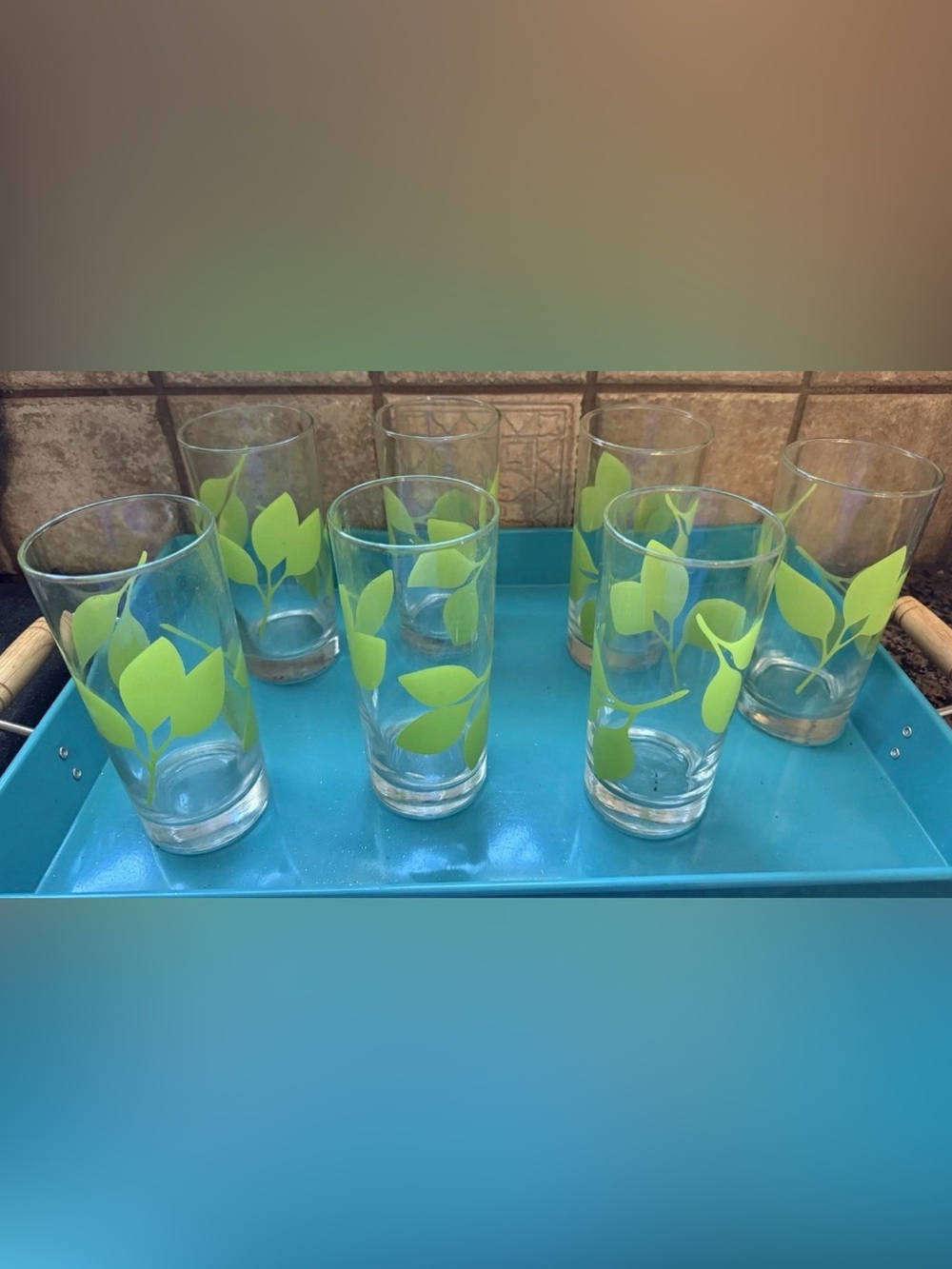 7 Green Leaf Organic Drinking Glasses And Barware. MCM. Rare